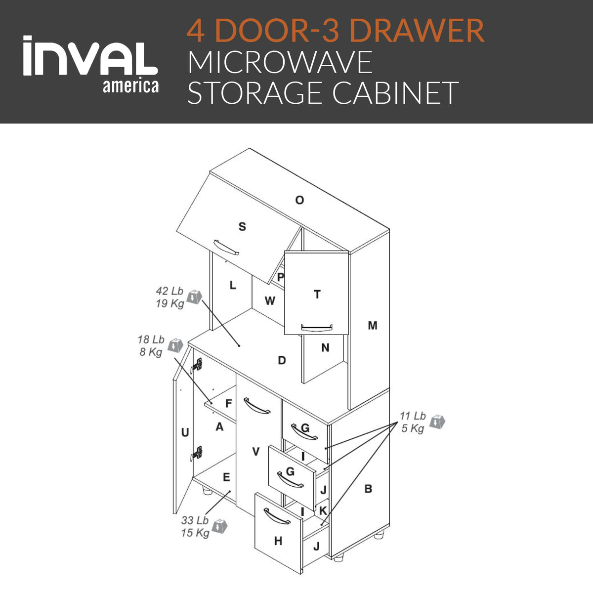 Inval America 4-Door Kitchen Microwave Storage Cabinet with 3 Drawers, Kitchenette Standing Pantry, 71"H x 23.6"W x 17.1"D, White