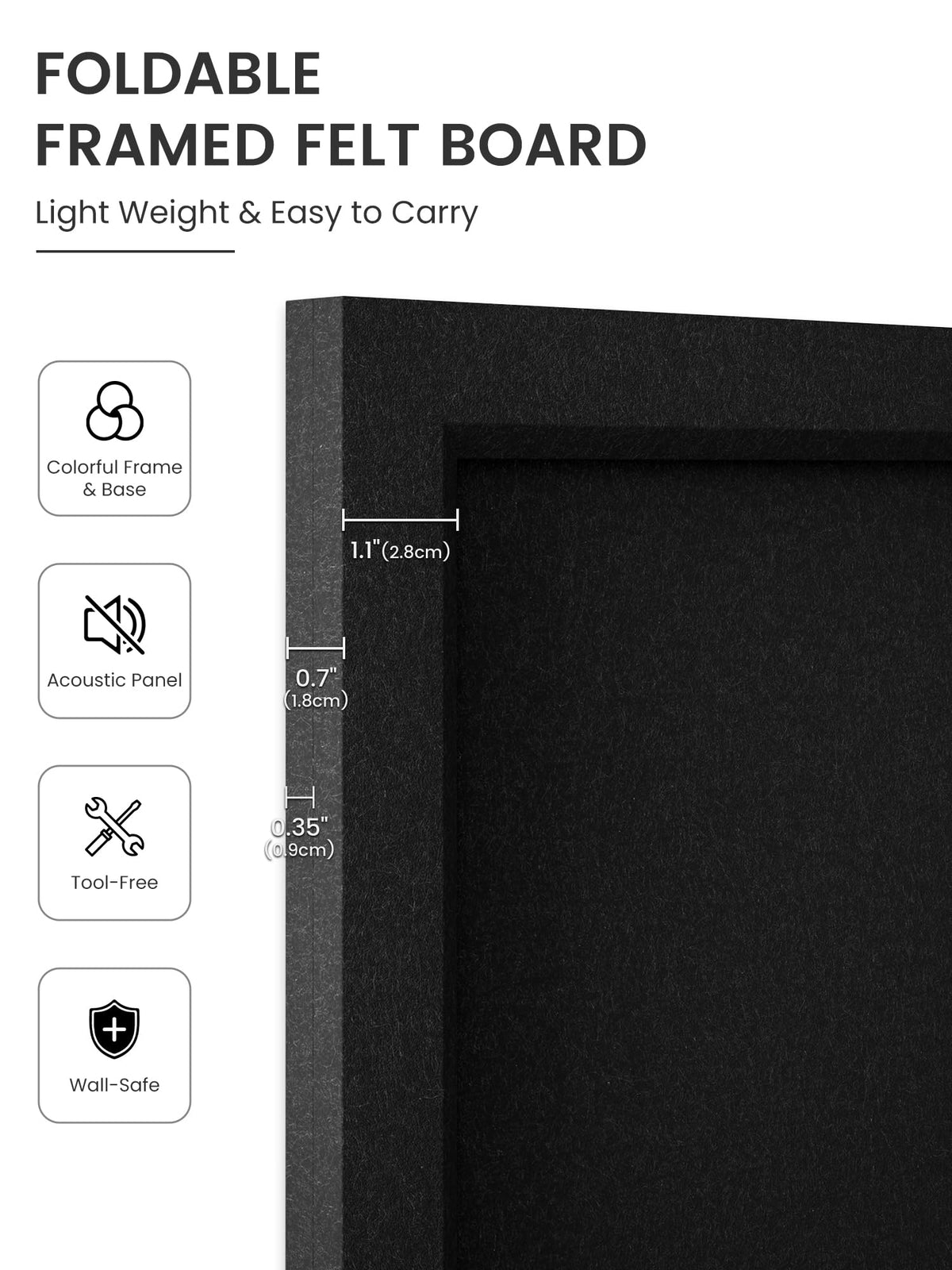 Fluxynara Foldable Cork Board Alternative, Felt Bulletin Board 24" x 18" Black Frame with 16 Adhesive Tabs, Pin Board for Home Office, Classroom, Entryway, Kitchen Wall Decor—Black