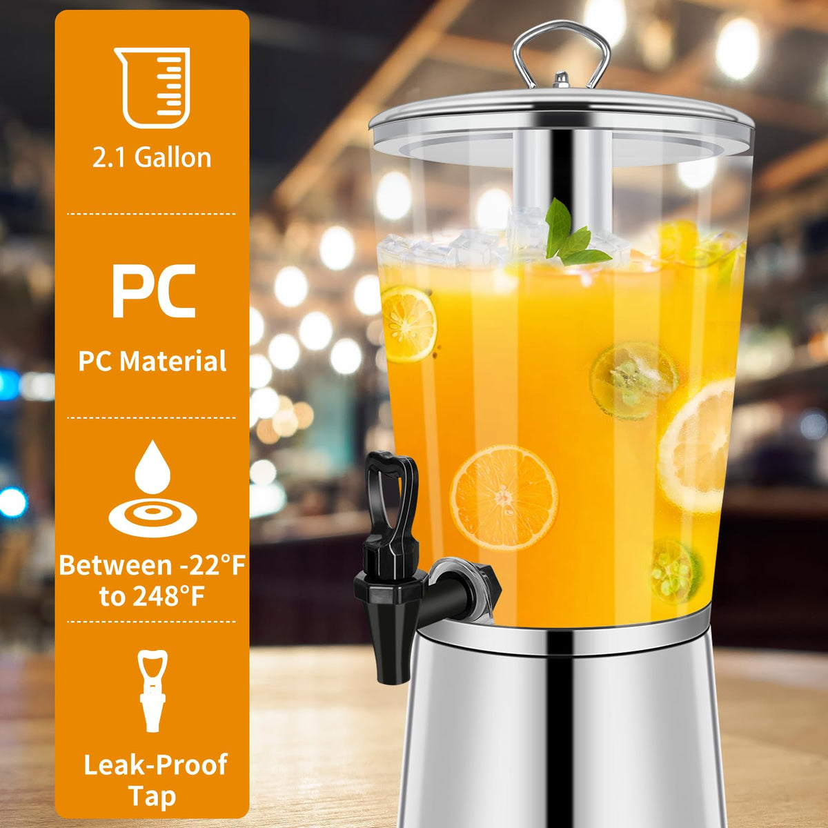 FULIYE Beverage Dispenser with Stand, Drink Dispensers for Parties, Beverage Dispenser with Ice Container, 2.2 Gallon/8L, Clear Acrylic Stainless Steel Lemonade Dispenser for Buffet, Café, Bar