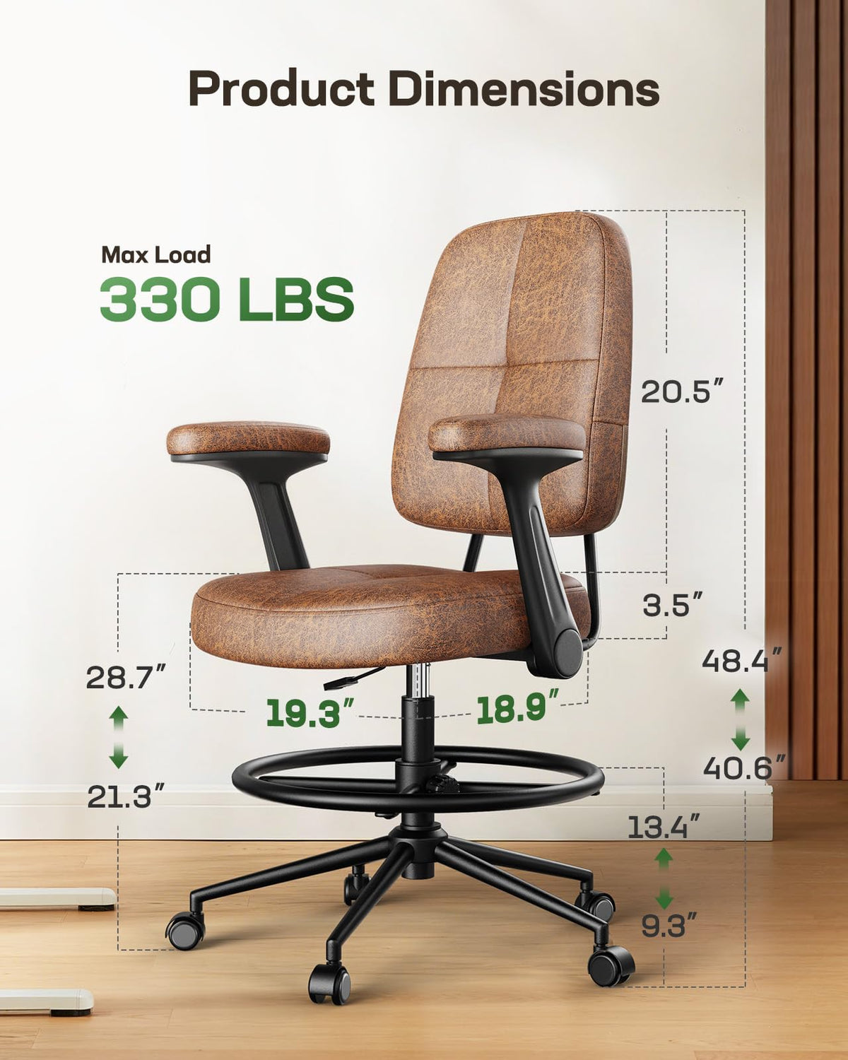 Marsail Drafting Chair with Flip-Up Armrests and Footrest, Ergonomic Tall Office Chair, Height Adjustable High Chair, Brown Leather Seat with Thick Cushion, 360° Swivel, for Standing Desk, Home Office