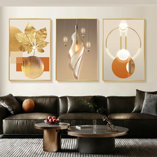 Azartslr Large Framed Modern Rose Gold Wall Art, Luxury 3 Pieces Aluminum Alloy Wall Decor for Living Room, Abstract Gold and Beige Home Bedroom Art Painting, Geometric Crystal Porcelain Artwork Dining Room Pictures Decoration 12x16in