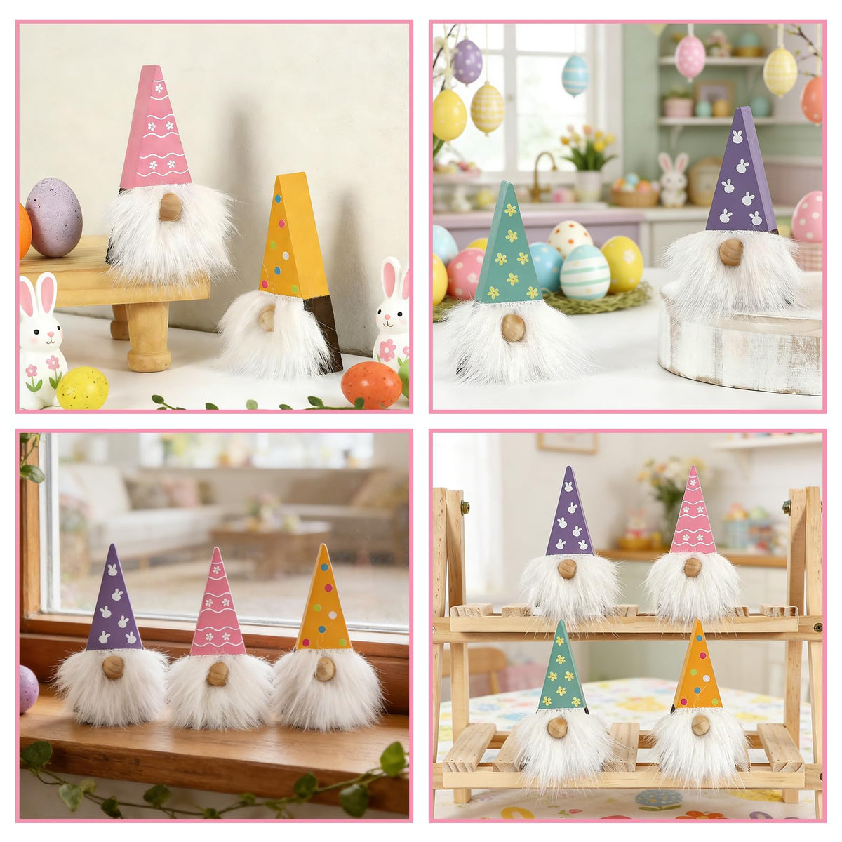 DAZONGE Easter Decorations, Easter Gnome Decor, 4PCS Wooden Spring Gnomes with Faux Fur Beards, Cute Gnome Figurines for Tiered Tray Mantel Shelf Table