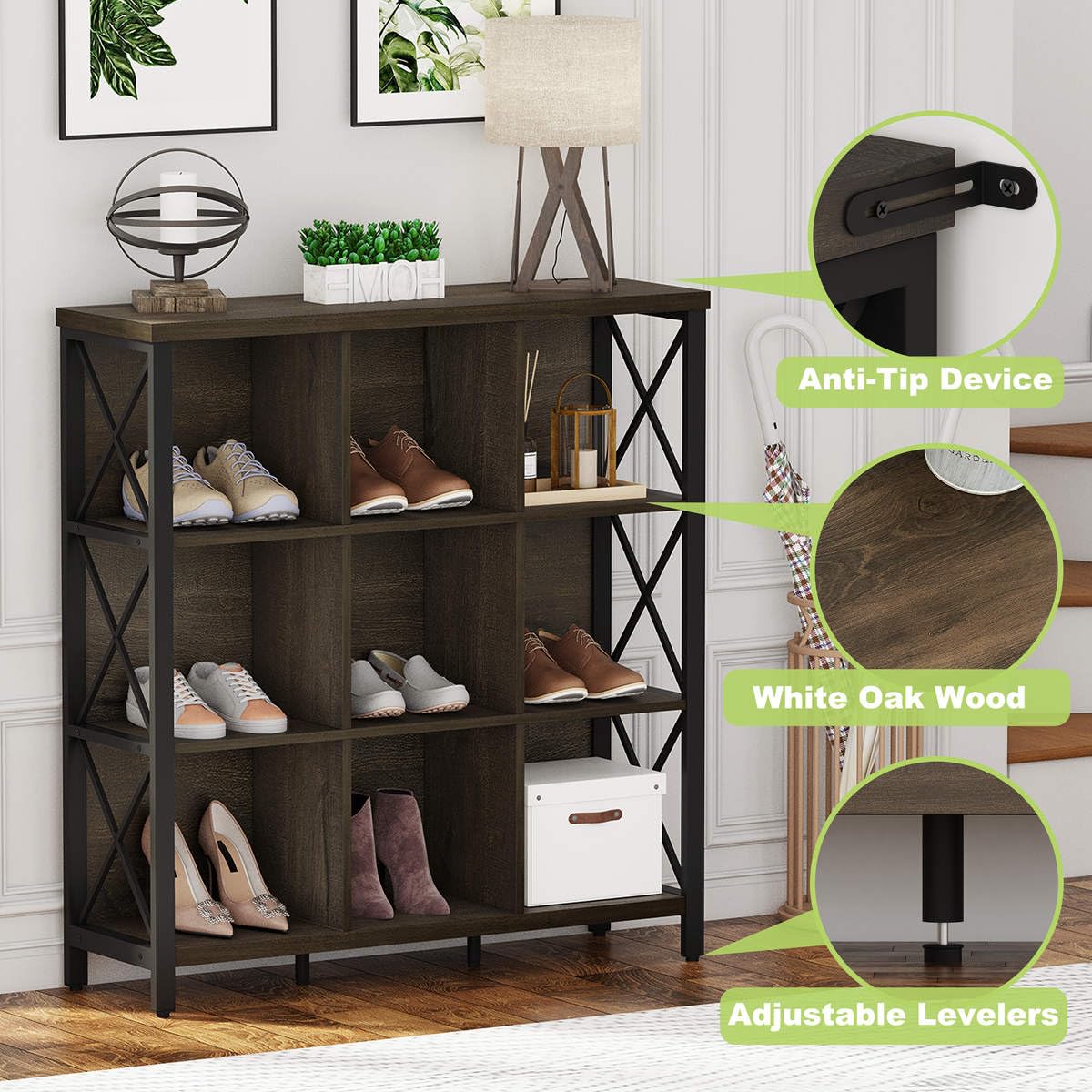 FATORRI 9 Cube Storage Bookshelf, Modern 4 Shelf Book Shelf, Wood and Metal Cubby Bookcase for Home Office (39.38 Inch W, Walnut Brown)