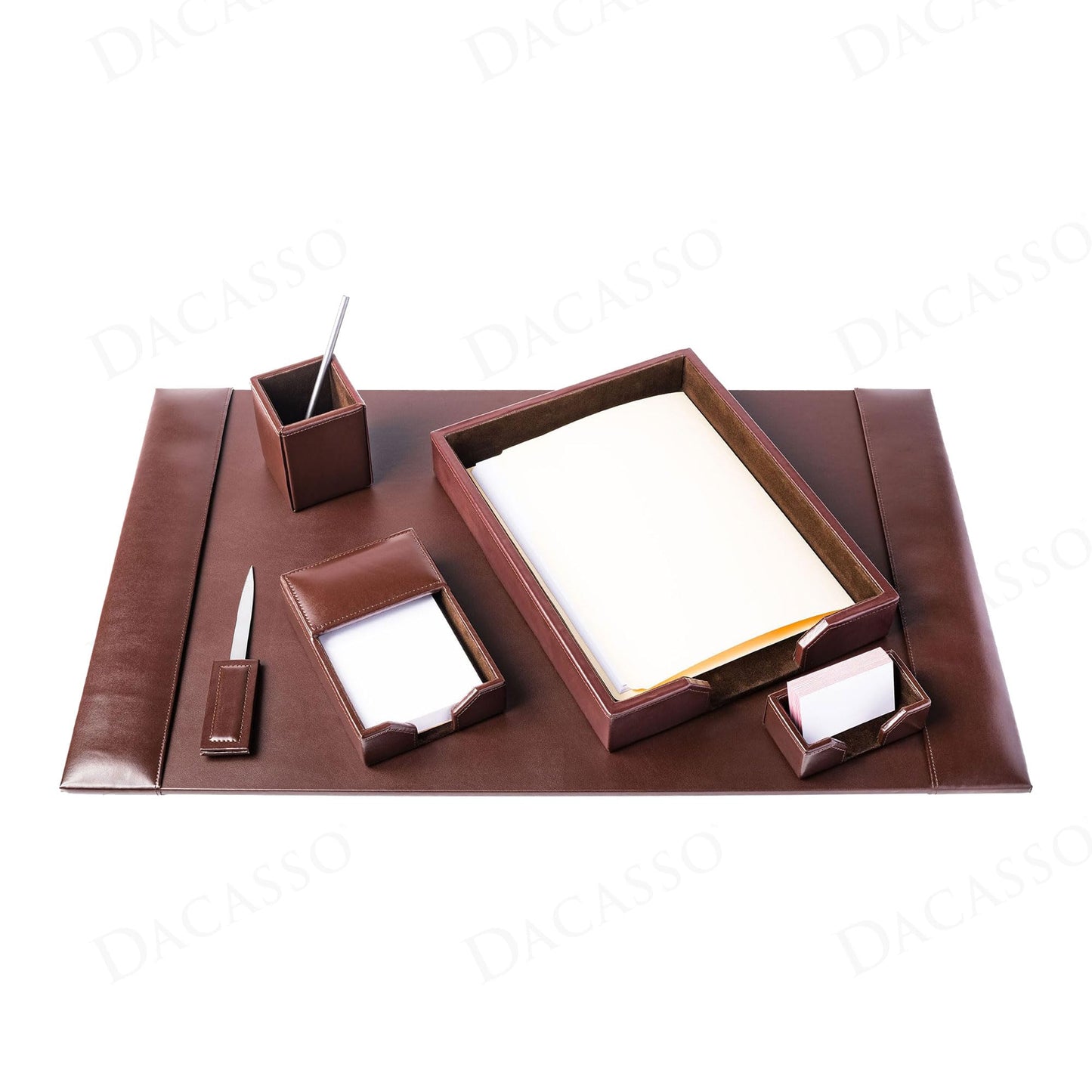 Dacasso Dark Brown Bonded Leather Luxury 6 Piece Desk Set - Blotter Pad & Desk Organization Essentials - Executive Decor and Surface Protector
