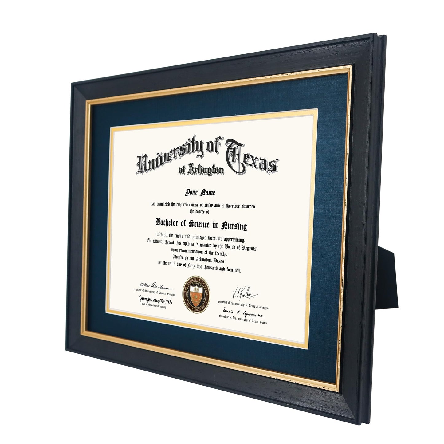 GMFrames 8.5x11 Wood Diploma Frame with Navy Mat or Display 11x14 Certificates without Mat,Tempered Glass,Rustic Black Finish with Gold Trim