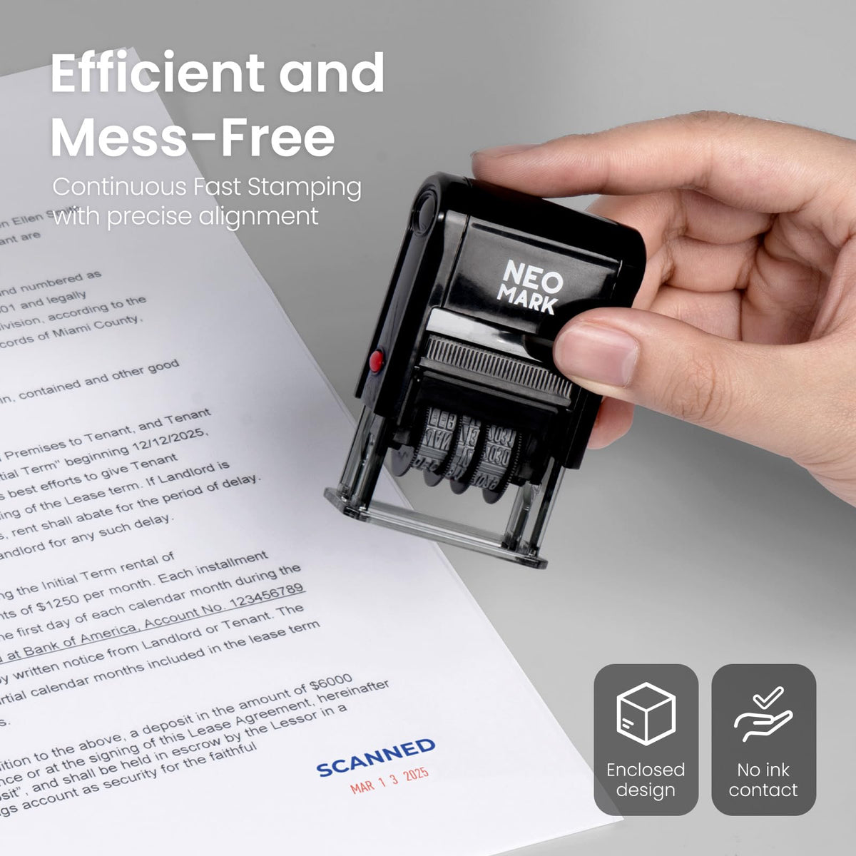 NEO MARK Self-Inking Date Office Stamp with Scanned Blue Ink & Date Red Ink, 12-Year Adjustable Rubber Dater, Ideal for Documents, Business & Accounting - with an Extra Refill Ink Pad