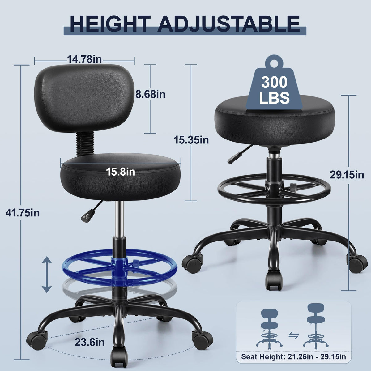 Brick Attic Drafting Chair with Backrest – Adjustable Foot Rest Rolling Stool with Wheels, PU Leather Swivel Stool for Office Spa Studio Lab Counter Salon Home Work Bar Kitchen Shop(Black)