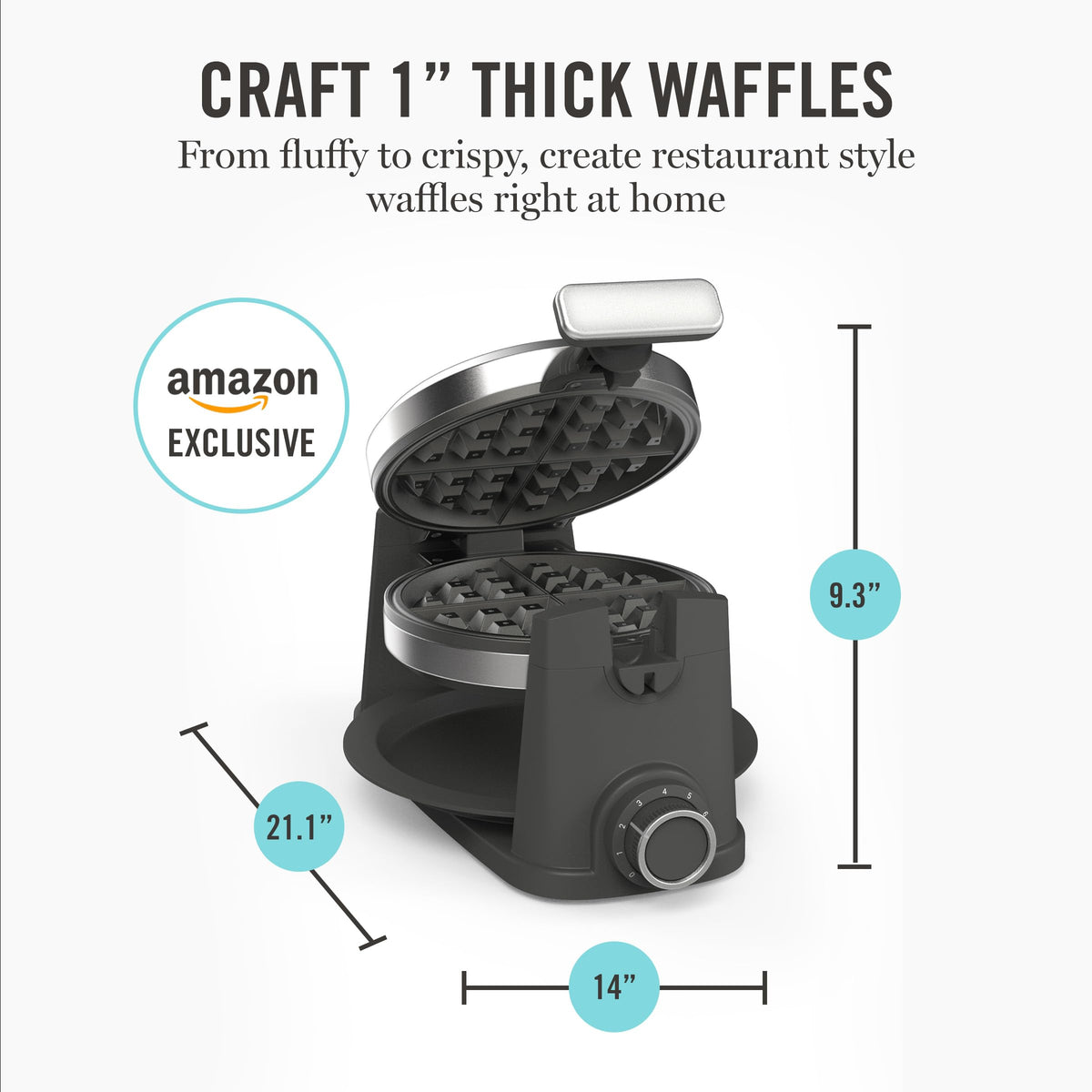 Martha Stewart Rotating Waffle Maker, 180° Flip Iron with PFAS-Free Nonstick Plates, Adjustable Timer, Ready Light, Drip Tray, Space Saving, Classic Round 7”, Easy to Clean, Stainless Steel, Caviar