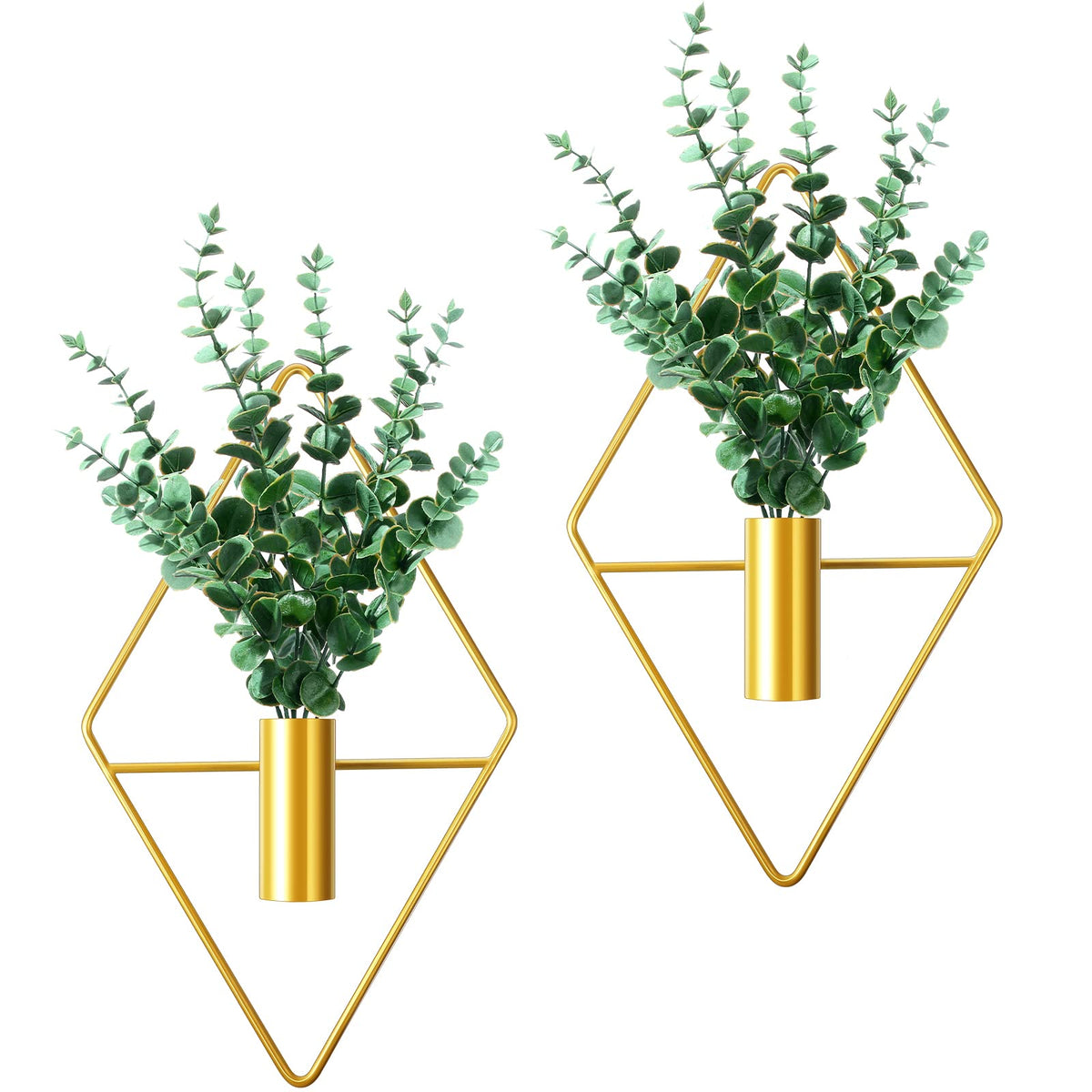 Canlierr 2 Pieces Gold Wall Decor Hanging Planters with Artificial Plants Metal Vase Indoor Plants Holder Modern Geometric Wall Art for Home Bathroom Bedroom Living Room Office(Eucalyptus,Medium)