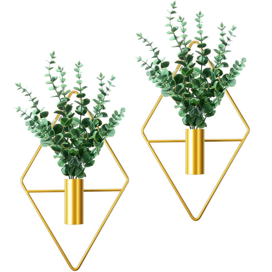 Canlierr 2 Pieces Gold Wall Decor Hanging Planters with Artificial Plants Metal Vase Indoor Plants Holder Modern Geometric Wall Art for Home Bathroom Bedroom Living Room Office(Eucalyptus,Medium)
