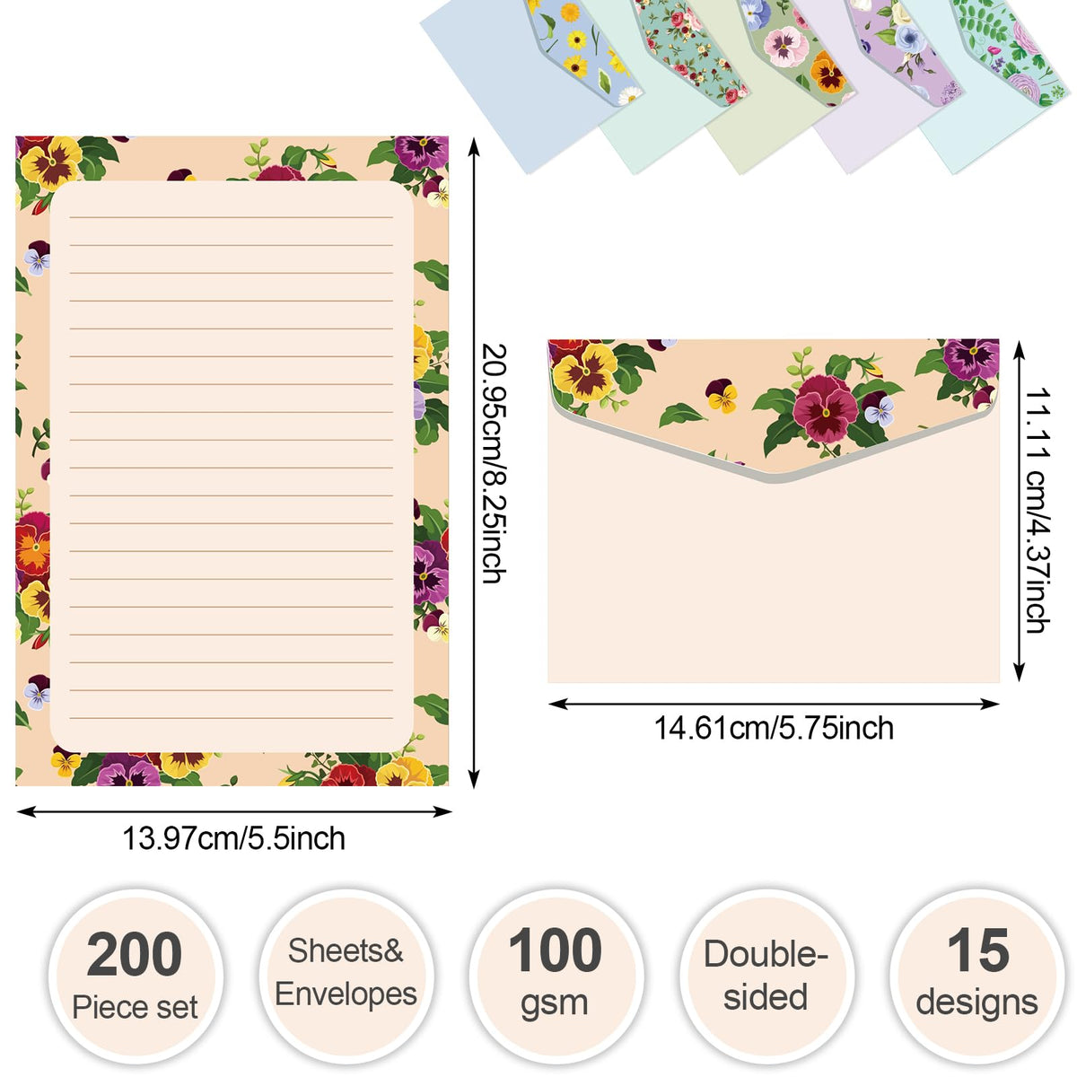 Geyee 200 Pieces Watercolor Stationary Paper and Envelopes Include 100 Lined Sheets and Envelopes, 5. 5 x 8. 25 Inch Double Sided Printing Letter Writing Paper with Mailers(Floral)