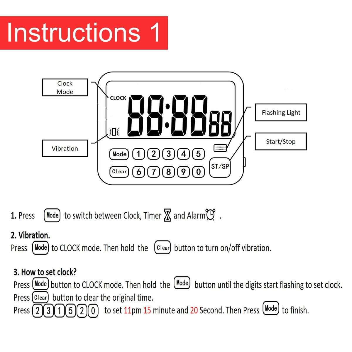 Digital Multifunction Timer with Clock, 10 Preset Alarms, Countup & Countdown, Memory Settings, White