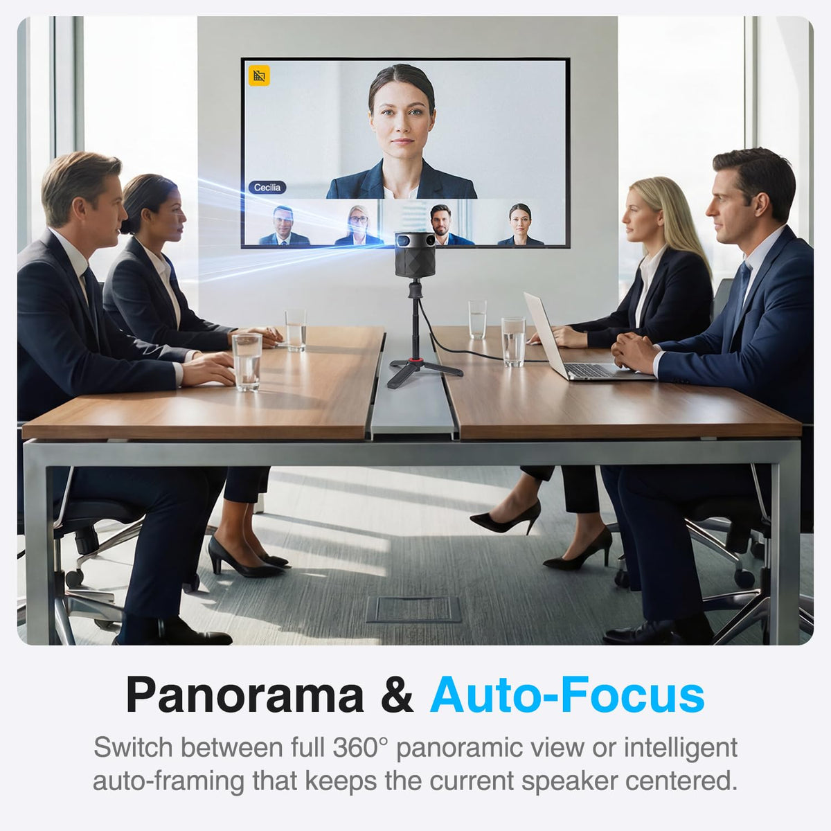 PANOCORE360 All-in-One Meeting Camera - 360° Conference Cam for PC Mac, Speaker & Mic Array, Auto Speaker Focus, 1080P Output, AI Voice Isolation, Local Recording,Compatible with Webex/Zoom/Teams/Meet