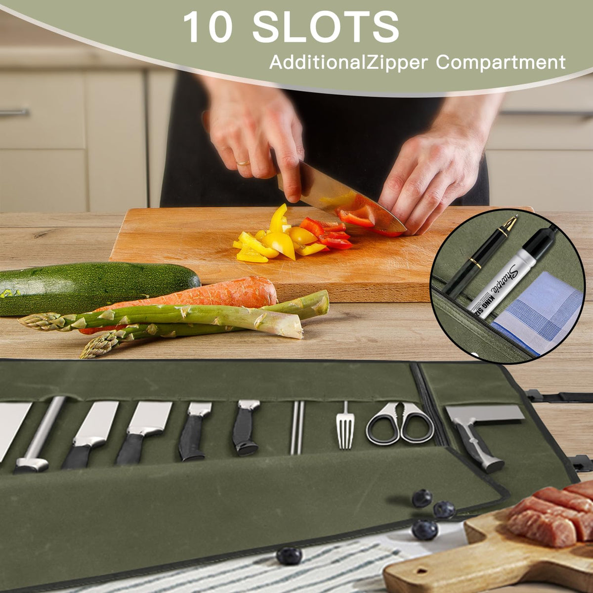 Parsuko Chef Knife Roll Bag,Waterproof Waxed Canvas Knife Case Holds,Knives Roll Bags for Chefs Professional with Adjustable Strap,Chef Backpack with 10 Knife Slots and a Large Zippered Pocket