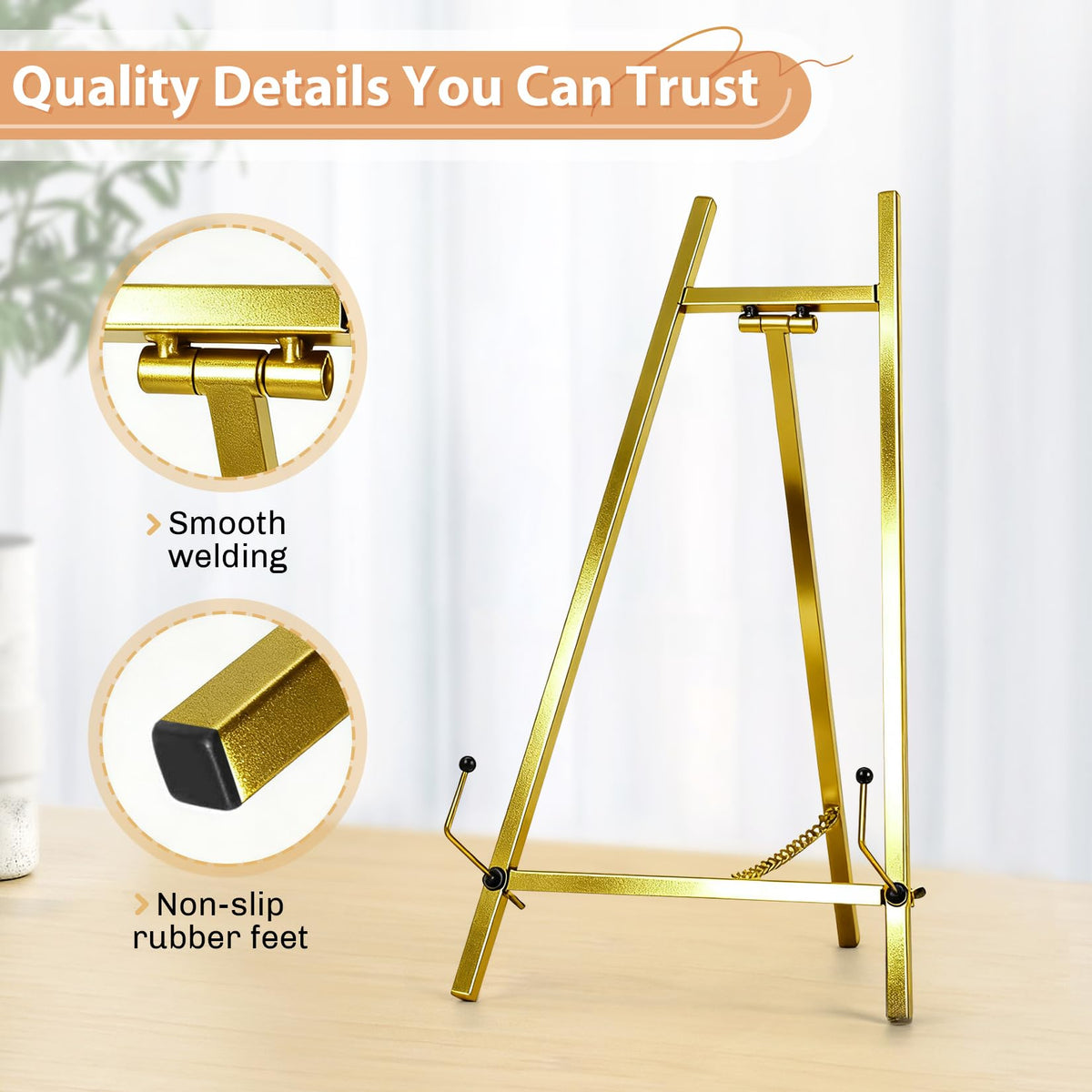 BeeCoAoo 13.3" Metal Easel Stand for Sign – Elegant Table Top Easel for Display, Heavy Duty Tabletop Picture Easel Stand for Wedding Sign, Picture Frame, and Art (Gold)