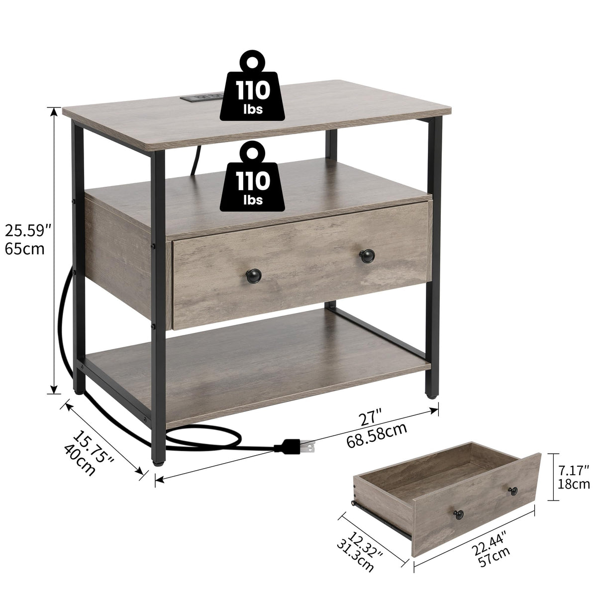 Edbuosy 27 Inch Wide Night Stand with Charging Station, Wood Nightstand with Open Shelf, Large Drawer Bedside Table for Living Room/Bedroom/Office (Rustic Gray)