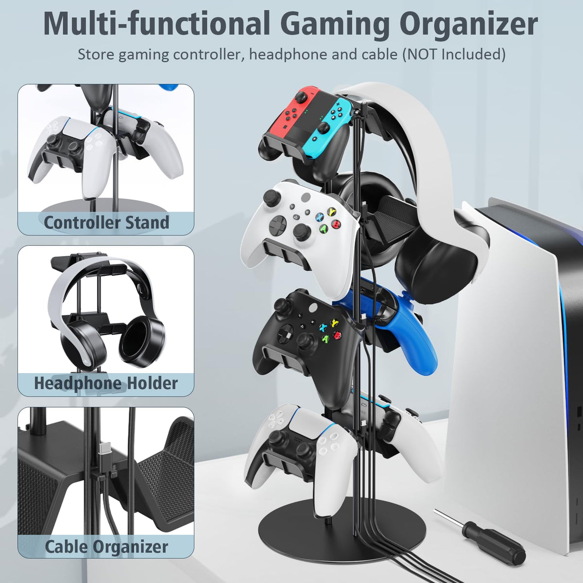Kytok Controller Stand 4 Tiers with Cable Organizer for Desk, Universal Headphone Stand Compatible with Xbox PS5 PS4 Console Nintendo Switch, Headset Holder & Desk Mounts for 8 Packs Controller