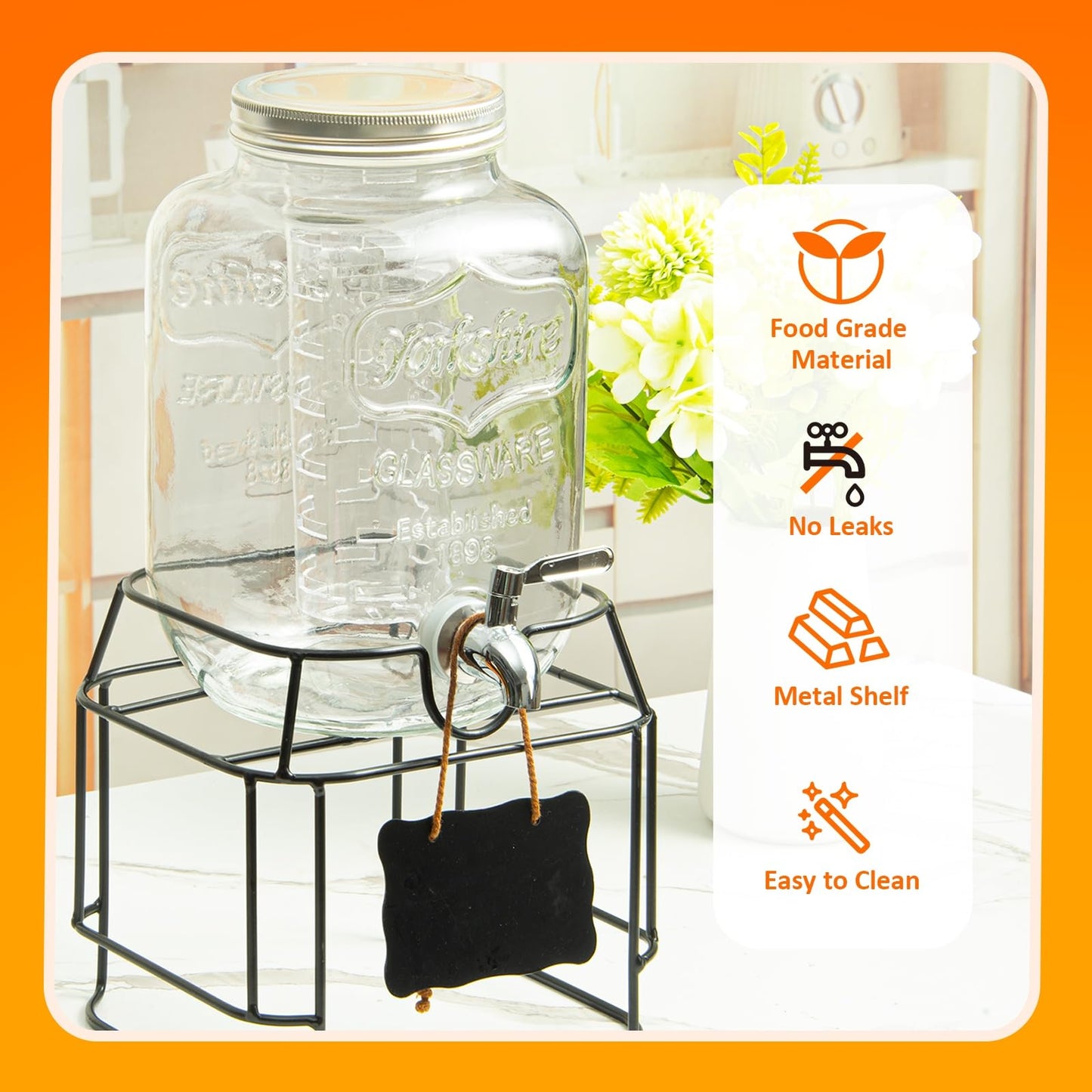 1-Gallon Glass Drink Dispenser for Parties - Beverage Dispenser with Stand and Stainless Steel Spigot | Lemonade, Sun Tea, Kombucha Jar