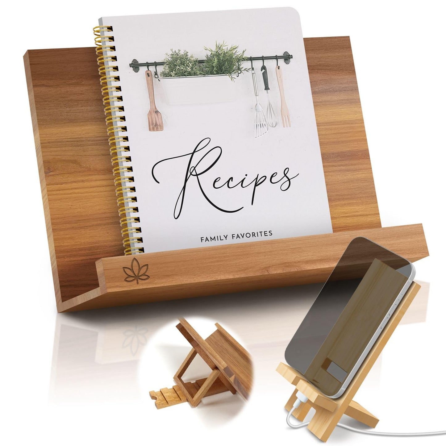 Wooden Cookbook Stand – Solid Acacia Recipe Book Holder for Kitchen Counter | Bamboo Phone Holder Included | 4 Ergonomic Angles | Foldable iPad & Tablet Stand | Gift-Ready Set with Box