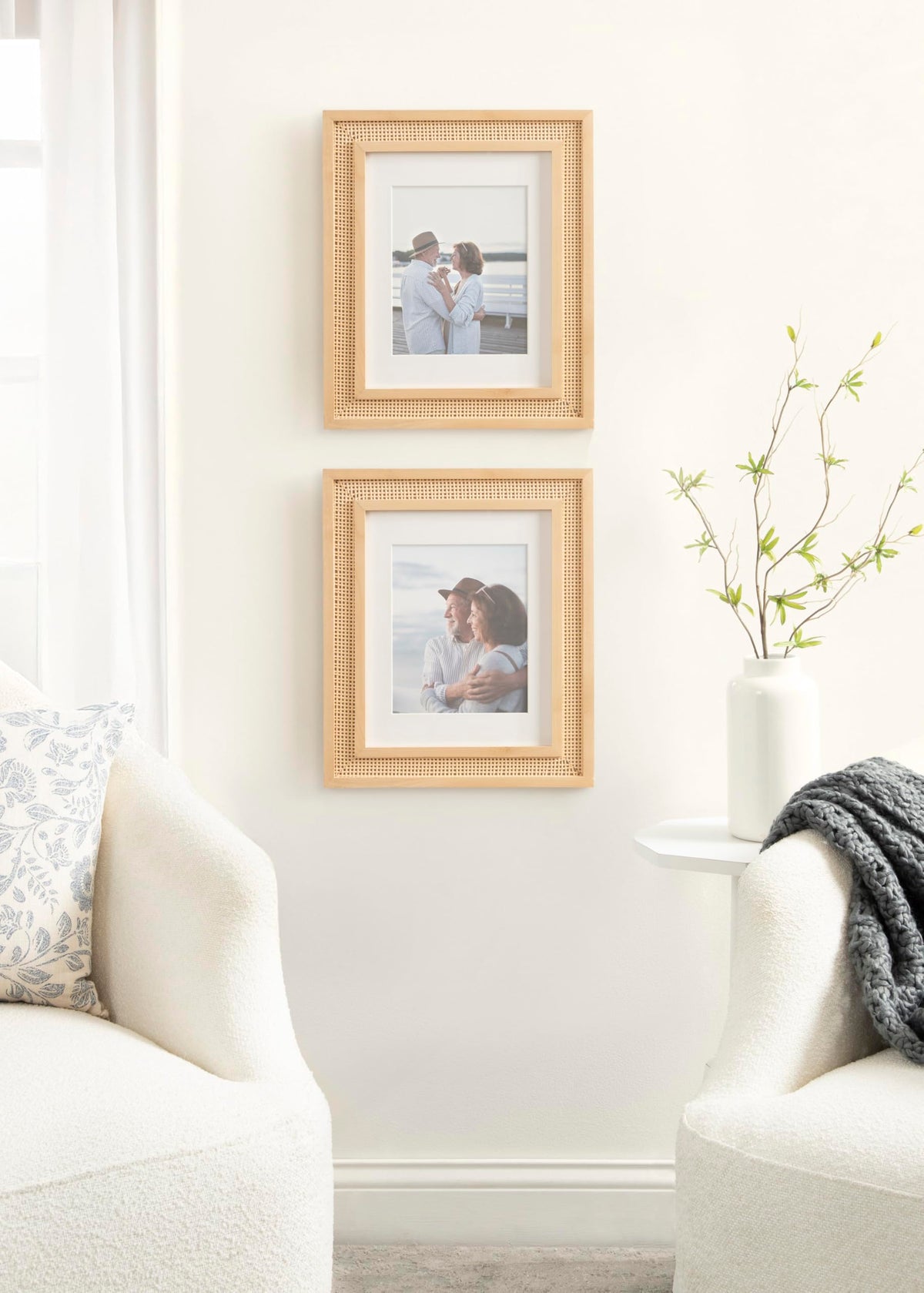 Kate and Laurel Corah Modern Faux Rattan Picture Frame Set of 2, 11 x 14 matted to 8 x 10, Natural, Boho Two-Piece Glass Photo Frame Set for Gallery Wall Design in Living Room Wall Decor