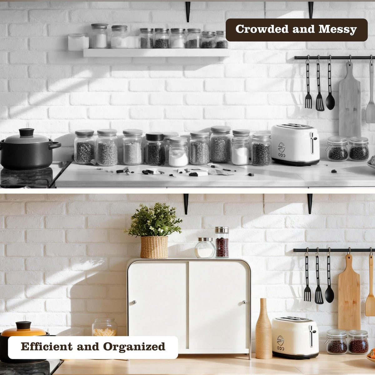 MOZIMABOX 3-Tier Desktop Storage Cabinet, Kitchen Spice Rack with Adjustable Shelves & Sliding Door, Cups Storage Metal Cabinet Sideboard Desk Organizer, Tabletop Organization Box for Office Home