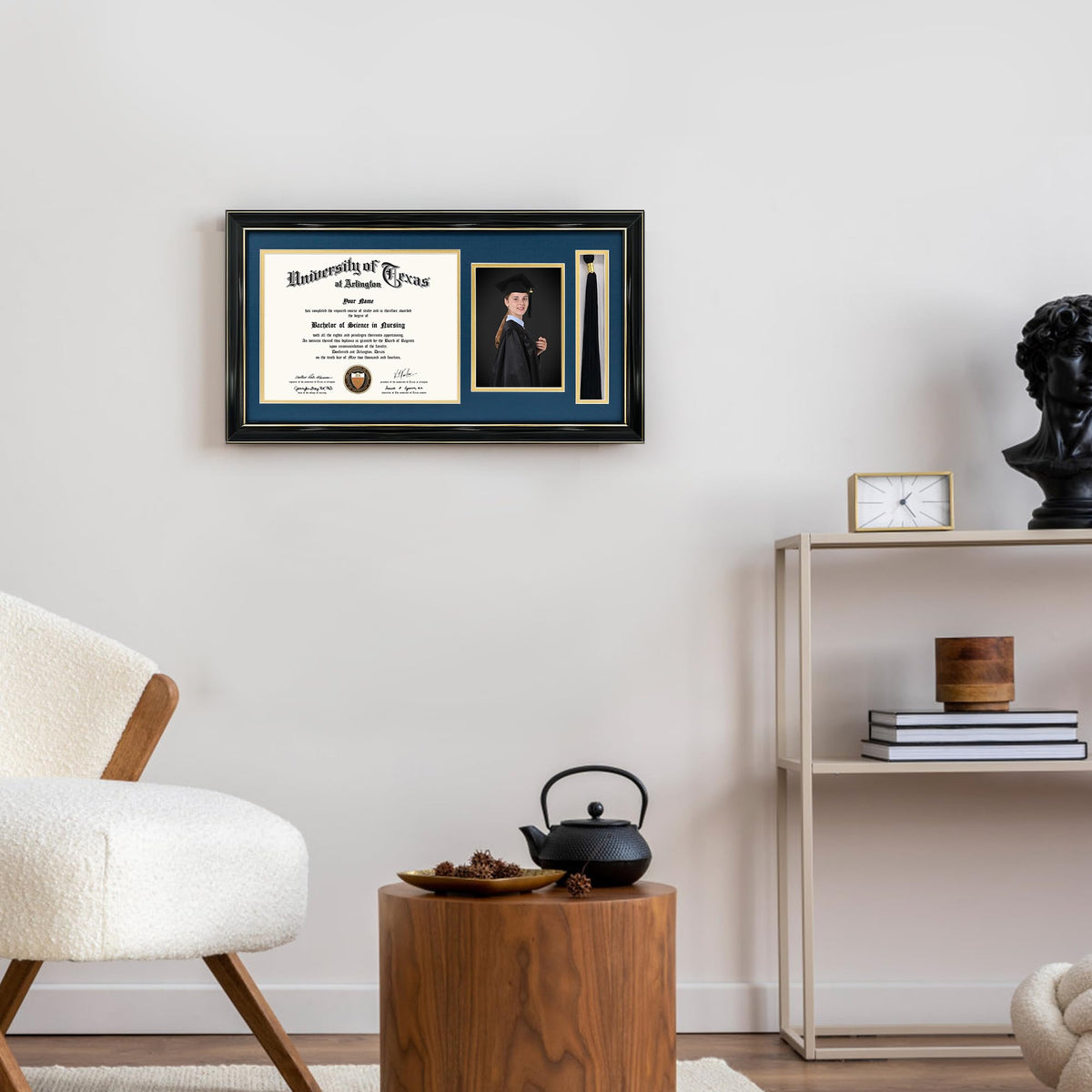 GraduationMall 11x22 Black Diploma Frame with Tassel Holder and Picture for 8.5x11 Certificate 5x7 Photo,Tempered Glass,Navy over Gold Mat