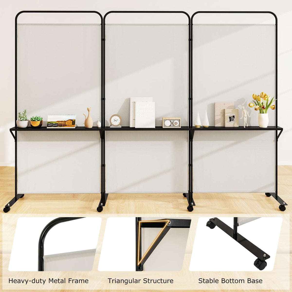Giantex 3 Panel Room Divider with Wheels and Shelves, 103" W x 74" H Folding Privacy Screen, Rolling Partition Separator for Home Office Studio, Fabric Wall Divider for Room Separation (Beige)
