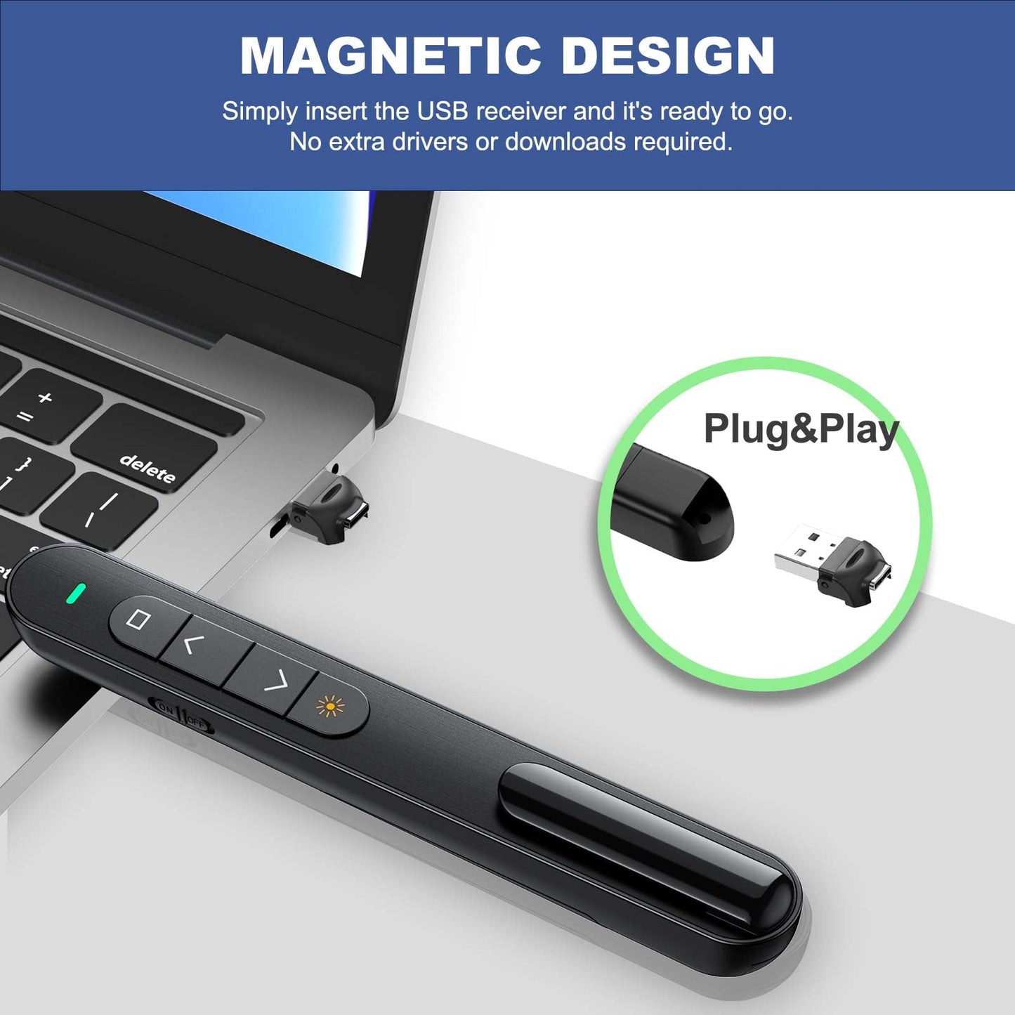 QUI 2 Pack Wireless Presenter Remote, 2.4GHz RF Presentaion Clicker with Hyperlink Volume Control, USB Presentation Remote for Mac, Laptop, Google Slides (USB Type-c, Black Purple)