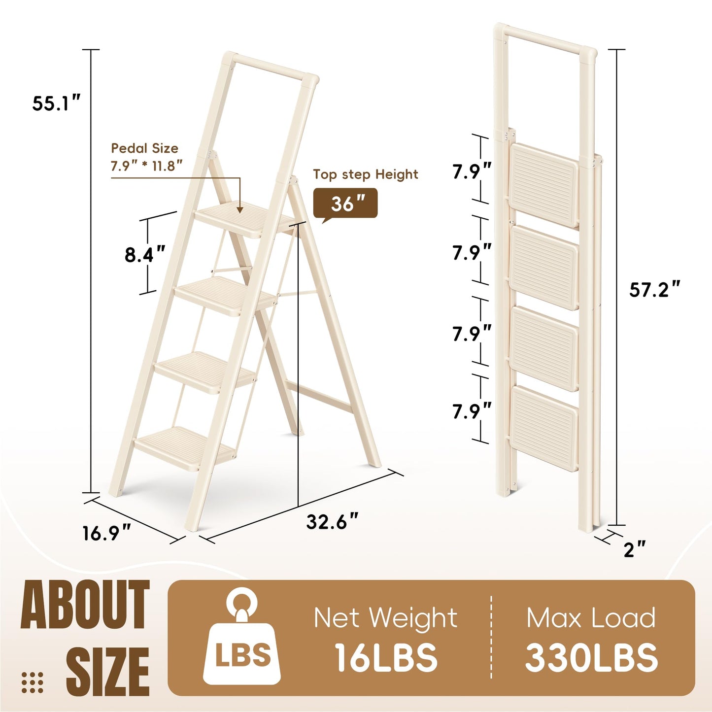 GameGem 4 Step Ladder Folding Step Stool, Foldable Ladder with Ergonomic Heightened Top Grip, Tall Step Ladder with Widened Anti-Slip Pedal for Closet, 330Lbs Load, Fold Thin and Tight, Cream White