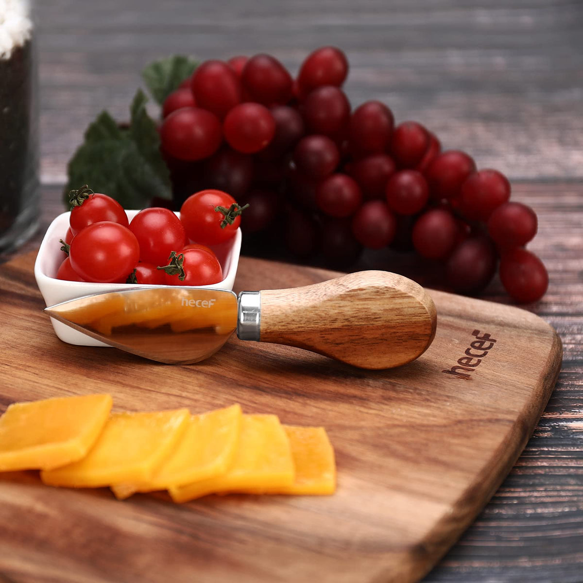 hecef Cheese Board set of 3,a Acacia Wood Cheese Plate, a Knife, a Fork, Charcuterie Board Platter Slate Serving Set for Appetizer Birthdays, Weddings, Housewarming (Cheese board with 2 knives)