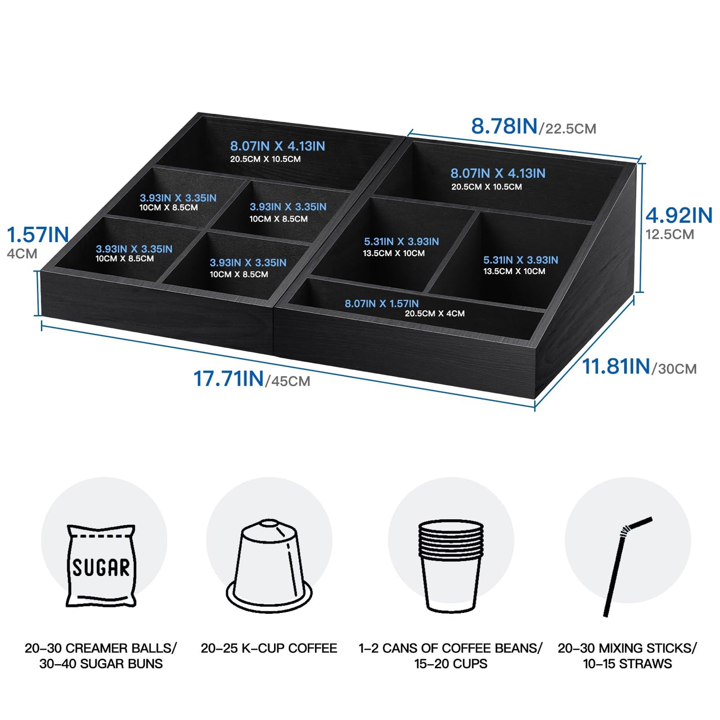 MINCORD Coffee Station Organizer Coffee Condiment Service Tray with 9 Compartment for Counter, Wood Coffee Bar Supplies Organizer for Home Office Breakroom Two-in-One Black