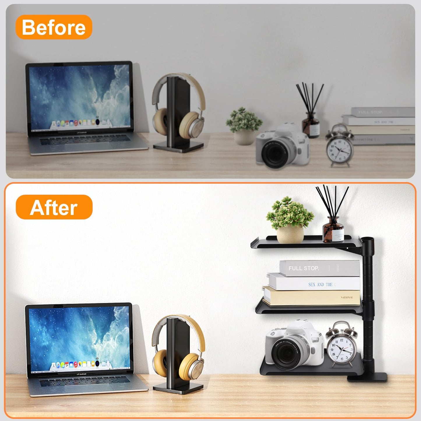 FBOAZI 3 Tier Clamp On Desk Shelf,360° Rotatable Adjustable Above or Under Desktop Organizer,Carbon Steel Storage Tray for Home Office and Gaming Accessories（Black）