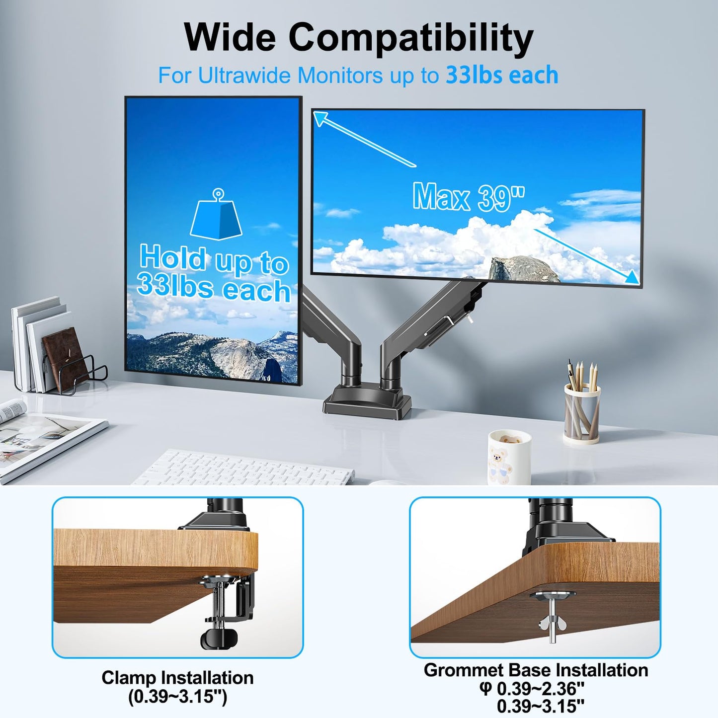 ErgoFocus Dual Monitor Mount for Screens up to 43", Heavy Duty Ultrawide Dual Monitor Arm Holds 2.2-33lbs Each, Premium Gas Spring Adjustable Computer Monitor Stand for 2 Monitors, VESA Desk Mount