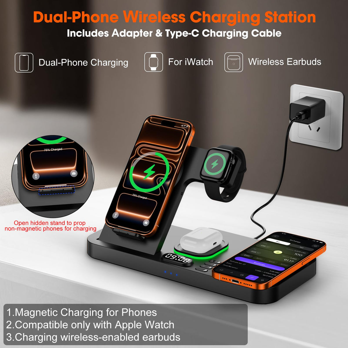 Dual Phone Magnetic Wireless Charging Station for Apple Devices/Apple Ecosystem, 7-Color Auto Light & 12H Clock, Multi-Device Charger for iPhone 17/16/15, for iWatch 11/10/9 & AirPods Pro3(Black