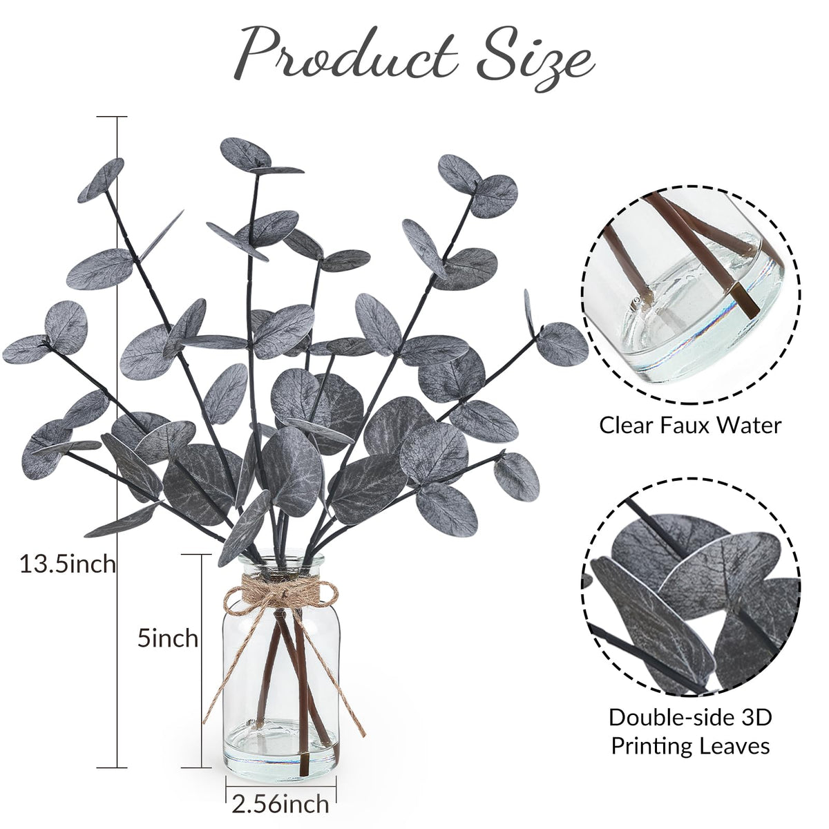 Artificial Eucalyptus Stems in Glass Vase with Faux Water Halloween Decor, 14” Fake Plants for Home Decor Table Centerpieces Office Bathroom Faux Plants Indoor Black Decorations