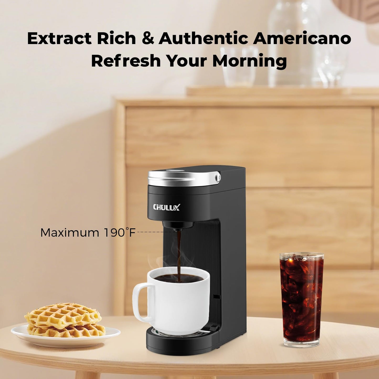 CHULUX Slim Single Serve Coffee Maker for K Cup Pod, Compact Portable Coffee Machine for Dorm, RV, Office and Travel, Matte Black