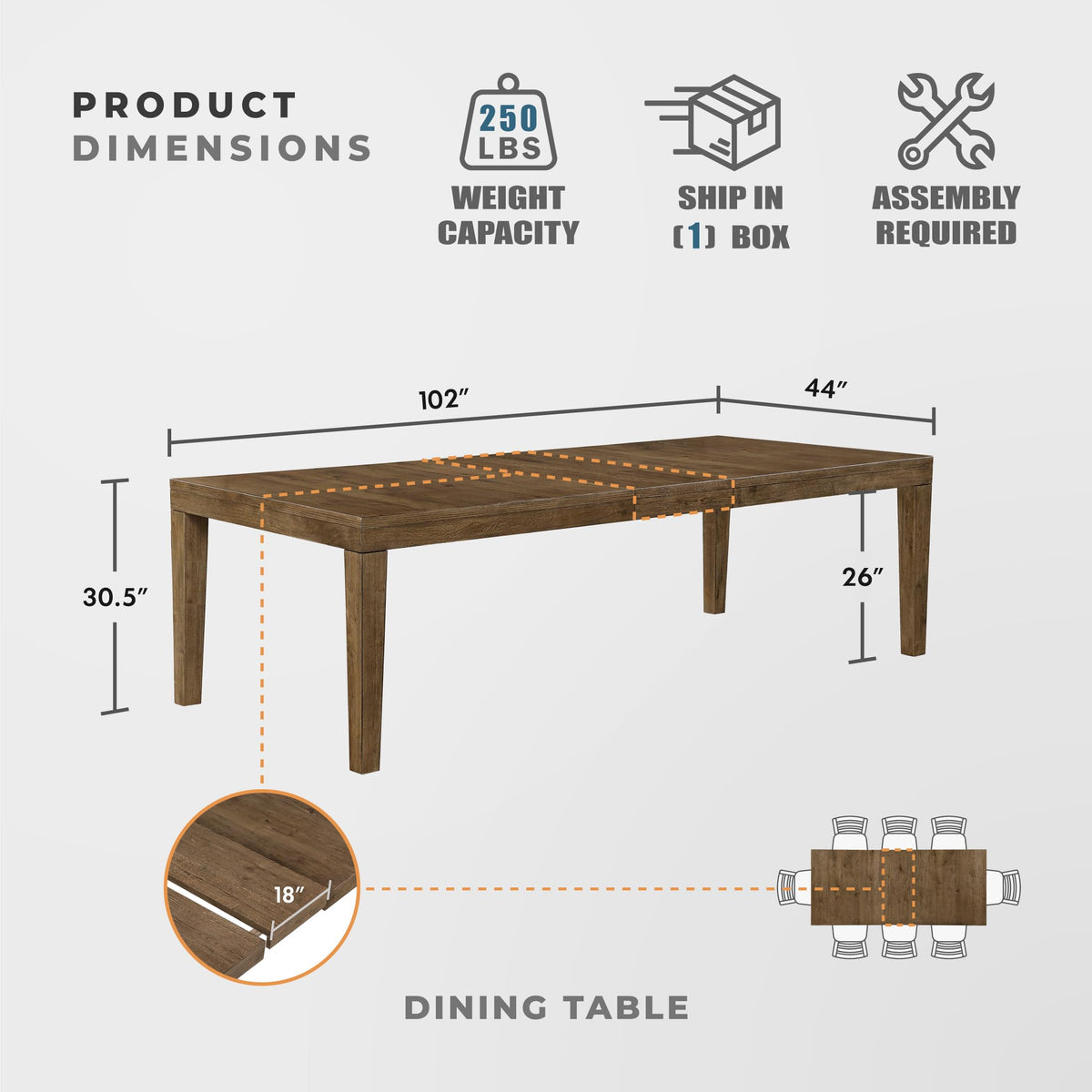 Lexicon 84-102 Inch Extendable Dining Table for 4-8 People, Large Rectangle Wooden Kitchen Table with Self-Storing Extension Leaf Space Saving, for Dining Room, Living Room, Home Office, Brown