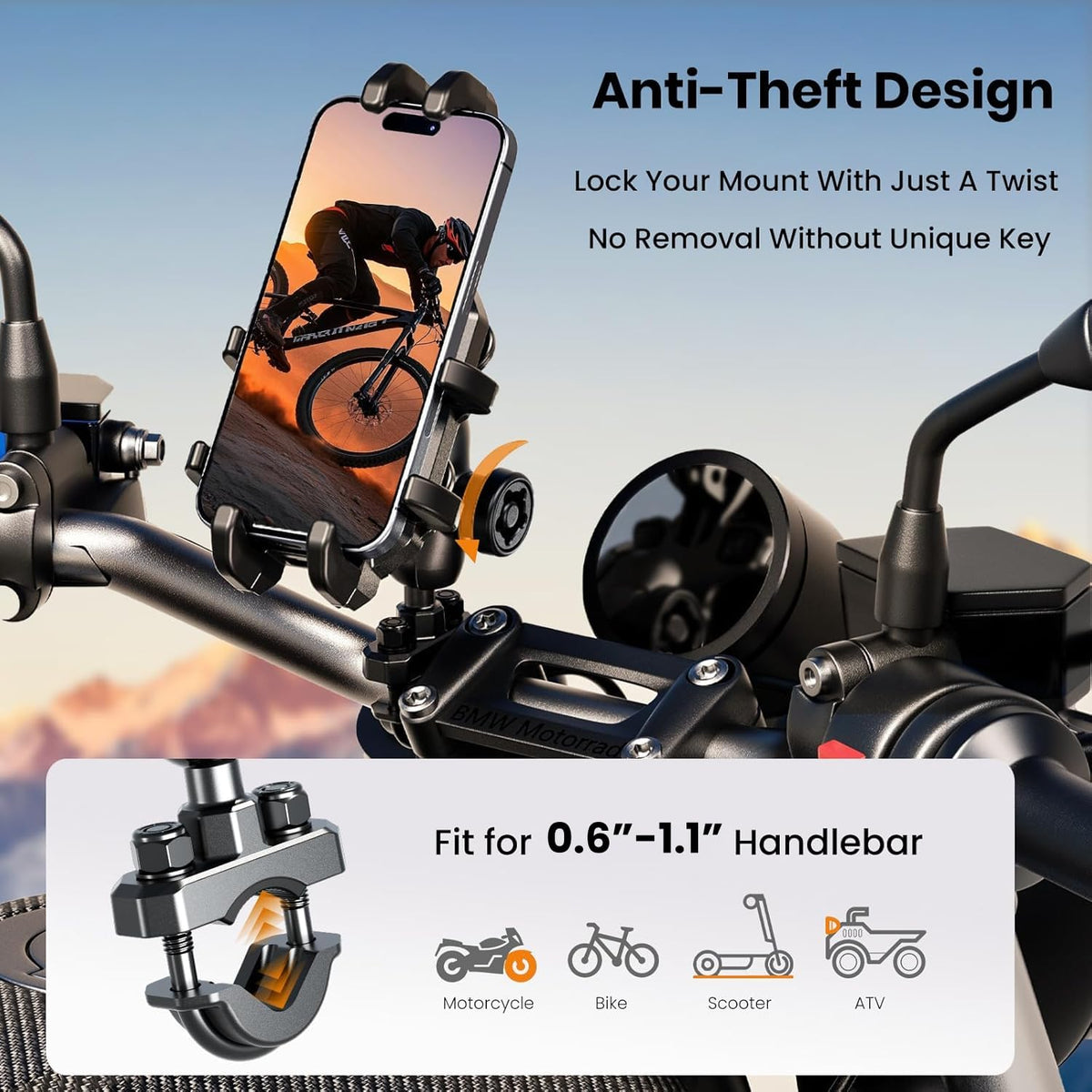 Thlevel Motorcycle Phone Mount Holder with Vibration Dampener Anti-Shake 720° Adjustable for iPhone 16 Pro Max for Samsung 5.4''-6.9'' Phone Anti-Theft Dirt Bikes(U Shape Base 0.6-1.1" Handlebar)