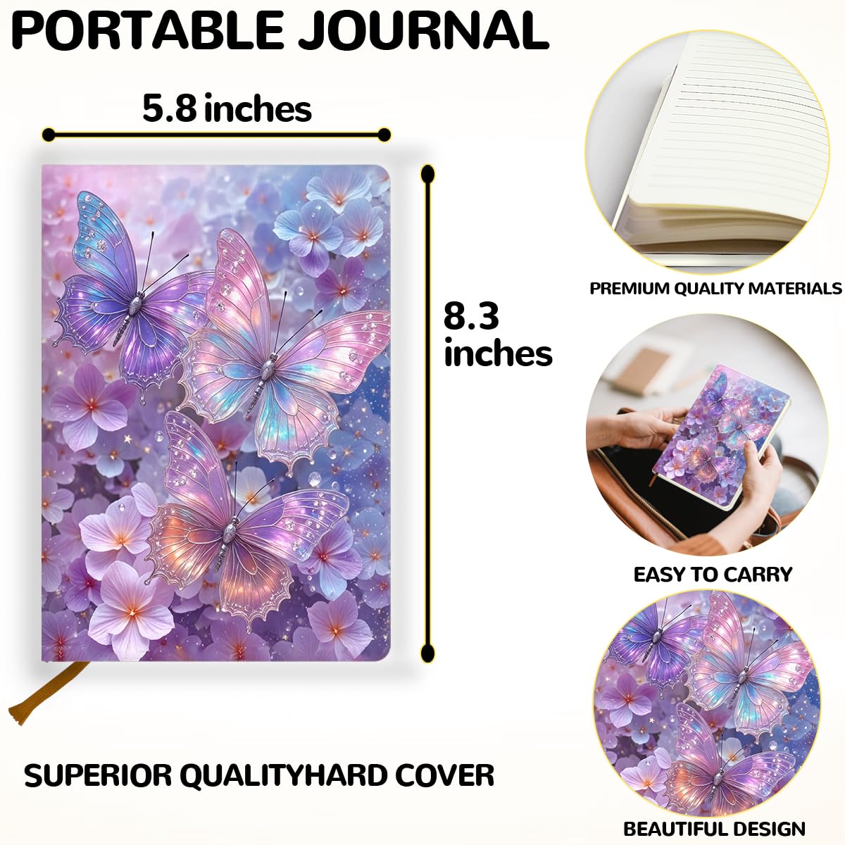 Pretty Leather Lined Journal purple fantasy butterfly Notebook 200 Pages A5 Ruled Notebooks, Aesthetic Cute Journal for Women, Purple Stuff Office Supplies, for School Office Home Gifts (5.8 x 8.3)