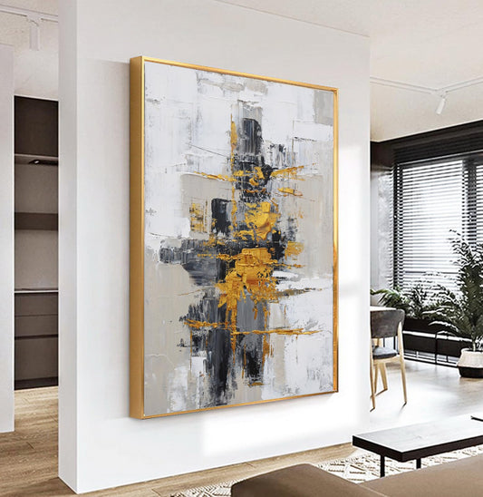 Hand-Painted Abstract Living Room Wall Art,Framed Large Black and White Canvas Oil Painting for bedroom,3D Gold Thick Textrued Abstract Wall Decor for Office Home Decoration 32x48 inches