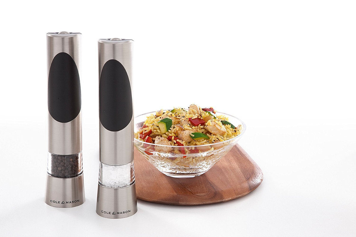 Cole & Mason Richmond Electronic Salt & Pepper Mill Gift Set - One-Button Electric Spice Grinder with Large Grinding Chamber - Requires 6 AAA Batteries - Hand Wash Kitchen Tool - Stainless Steel