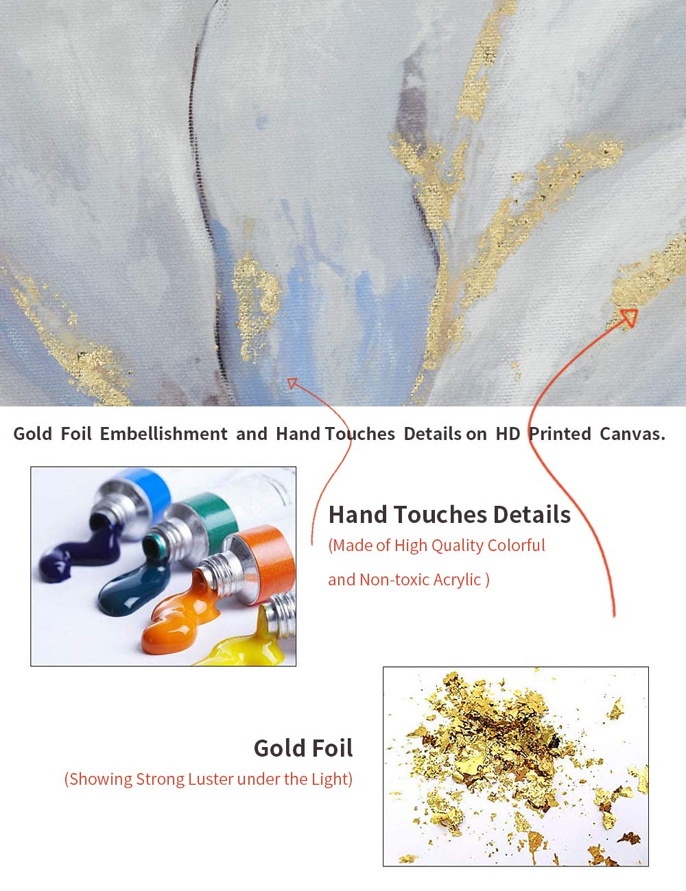 Goldfoilart Floral Wall Art Gold Flower Canvas Pictures with Foil Embellishment Painting Grey Print Framed Artwork for Bedroom Bathroom Living Room Office Wall Decor 24" x 24"