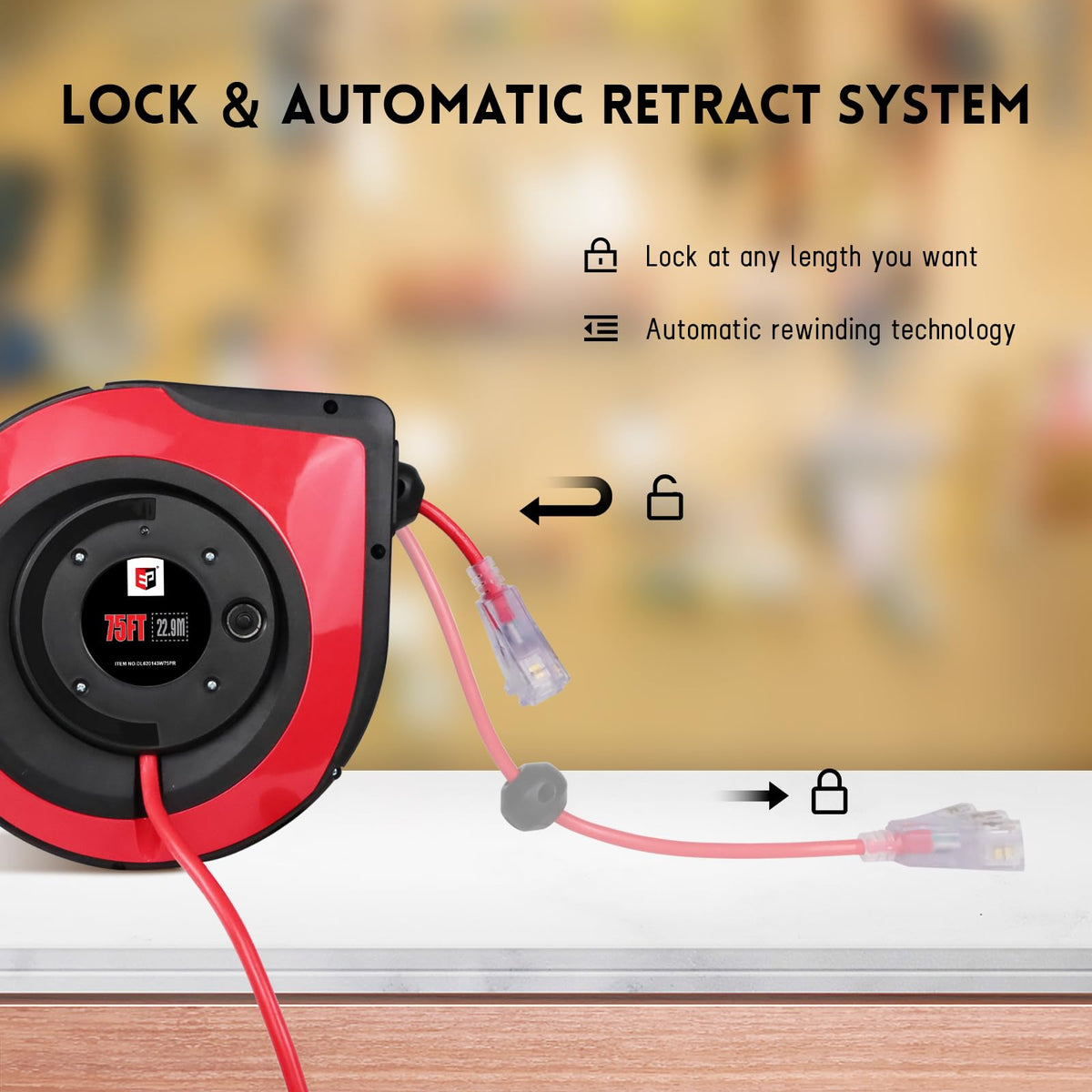 EP Retractable Extension Cord Reel,75 Feet 14 AWG/3C SJTOW Heavy Duty Power Cord,10 AMP Circuit Breaker, 3-Lighted Triple Outlets,Ceiling or Wall Mount Use Indoor, Red