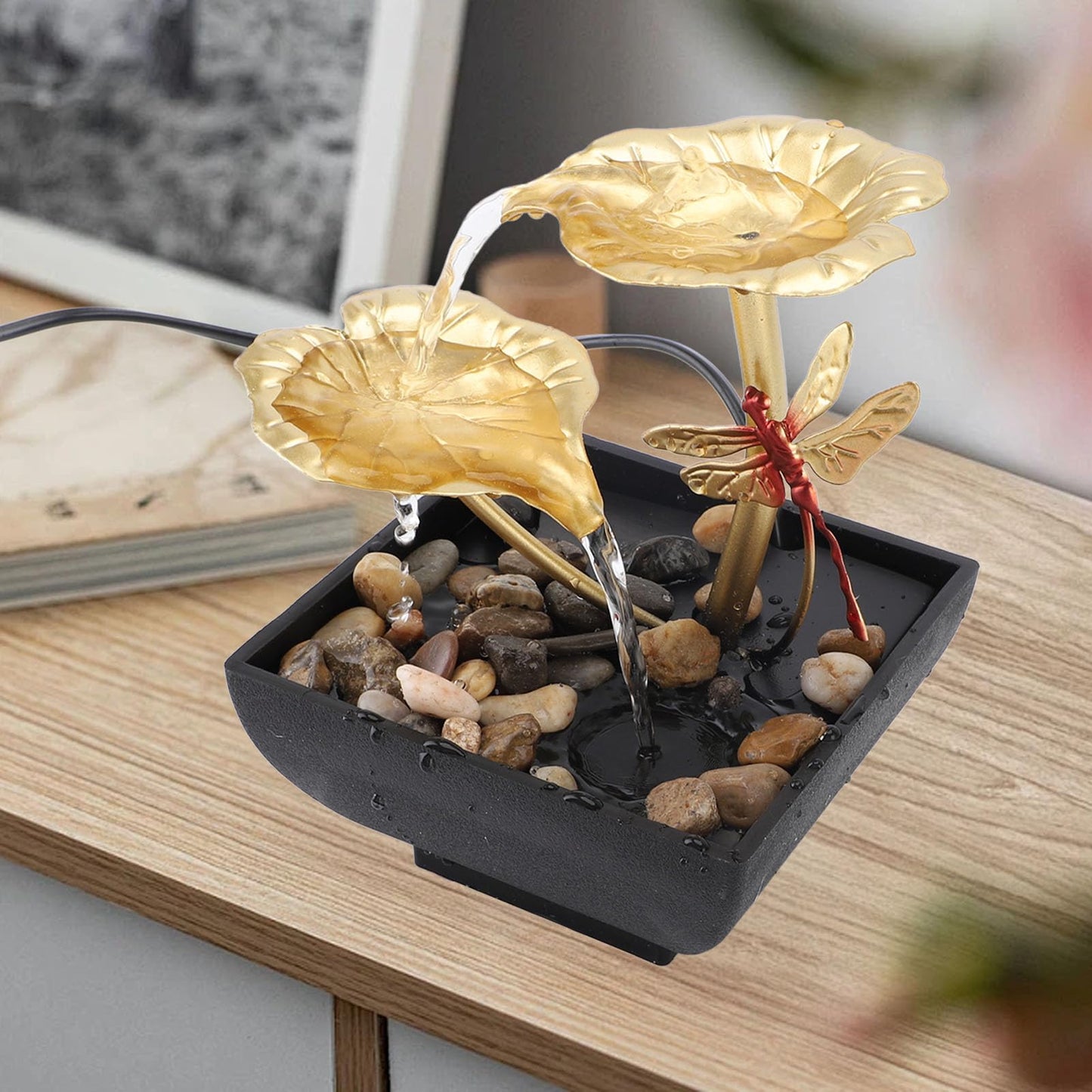 Lotus Leaf Dragonfly Fountain Water Decor, USB Tabletop Water Decor, Iron Circulating Water Feature Crafts Ornaments for Living Room Office