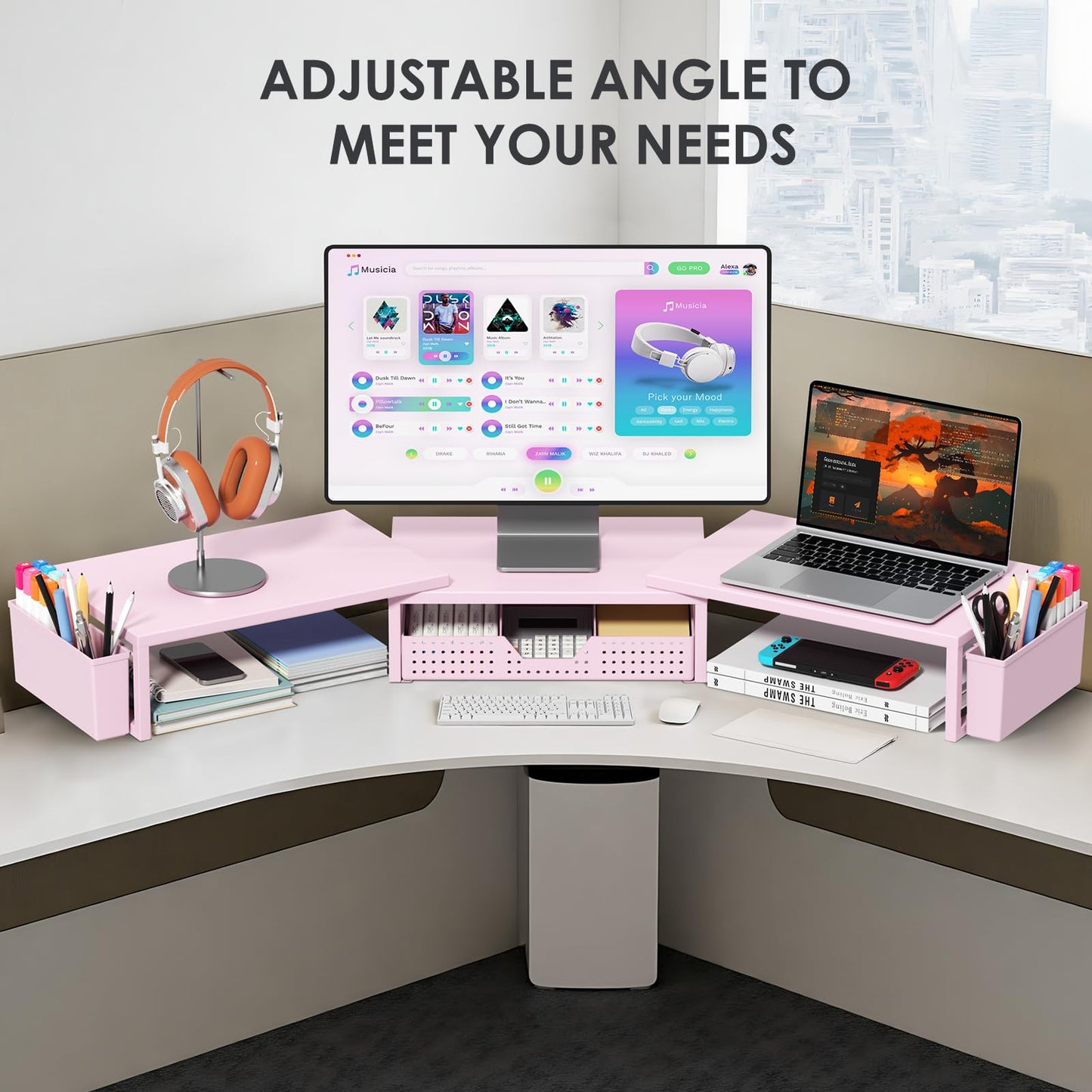 OPNICE Desk Organizers and Accessories, Dual Monitor Stand Riser with Drawer and 2 Pen Holders, Desk Shelf Metal Computer Racks for Office Workspace Organizers, Desktop Organization (Pink Metal)