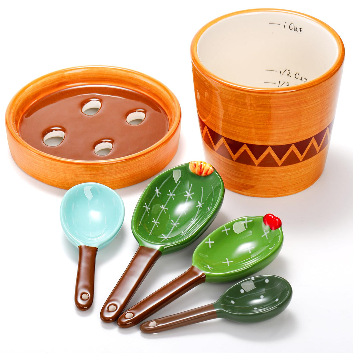 Coloch 5Pcs Ceramic Measuring Spoons in Pot, Cactus Shape Baking Measuring Spoons and Cup Decorative Cactus Figurine Measuring Spoon Set for Baking, Milk, Sugar, Salt