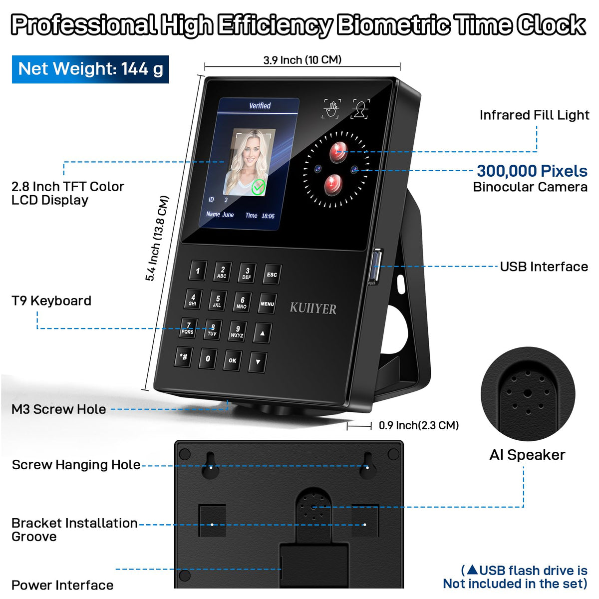 KUIIYER 3 in 1 Employees Time Clocks for Small Business (Face + Palm Print + Password) Employee Clock in & Out Machine Biometric Attendance Punch Clock Recorder Tracker (No Monthly Fee)