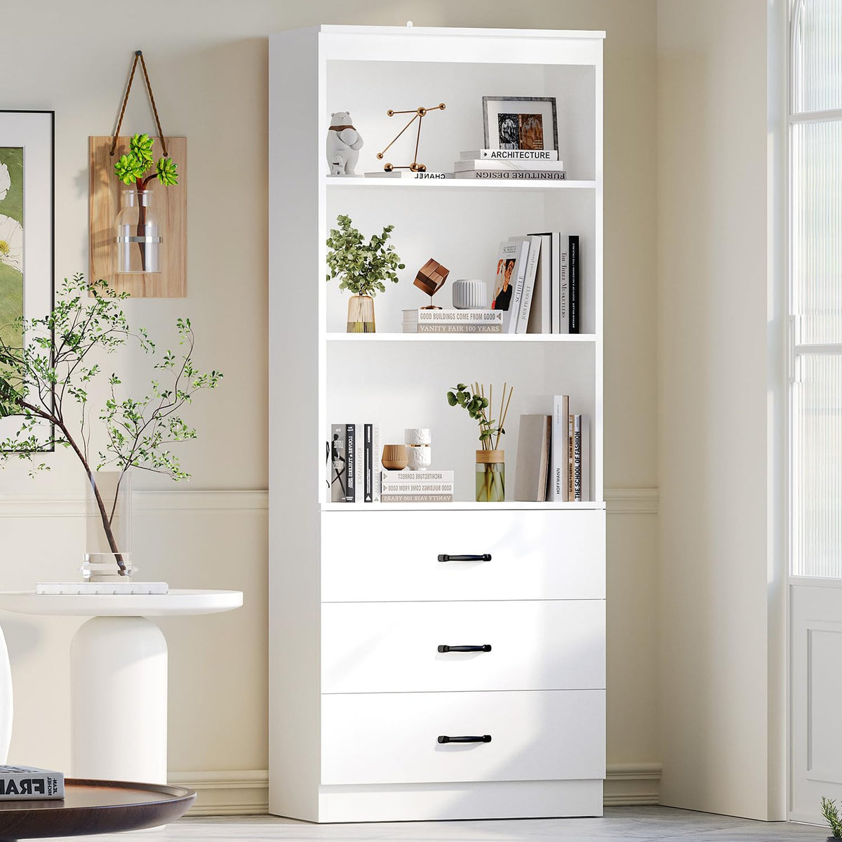 OneBlis 70" H Bookshelf with Drawers, Tall Bookcase with 3-Tier Open Shelves, Bookshelf and Bookcase with Storage Cabinet for Home Office,Living Room(White, 6-Tier)