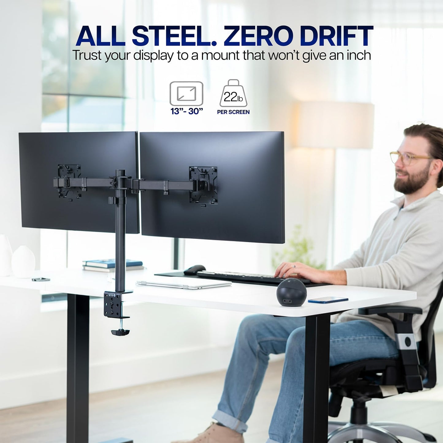 VIVO Dual Monitor Desk Mount, Holds 2 Computer Screens up to 30 inches and 22lbs Each, Heavy Duty Fully Adjustable Steel Stand with C-Clamp and Grommet, Black, STAND-V002