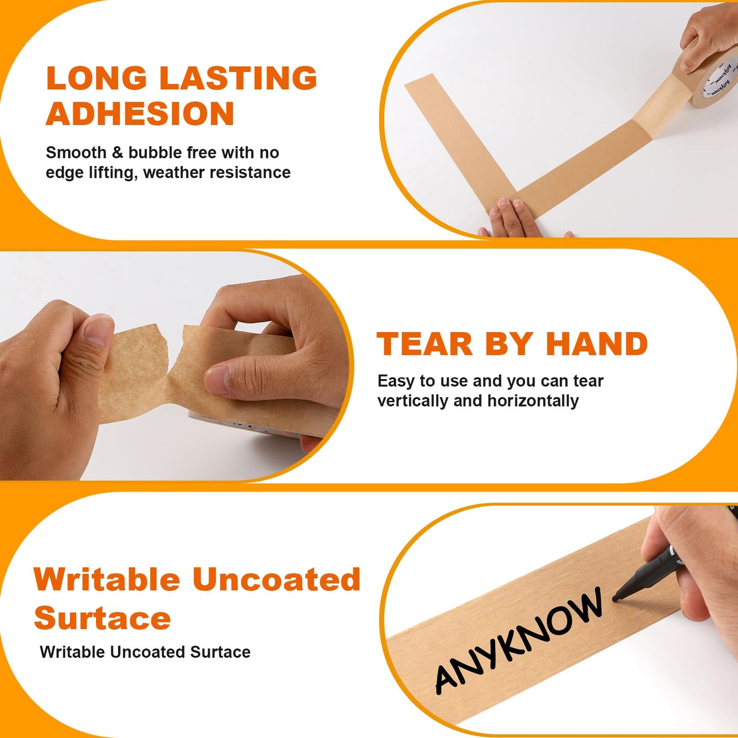 Anyknow Eco Friendly Moving Tape (3 Pack), 2 Inch x 55 Yards, Strong Self-Adhesive Kraft Paper Tape for Boxes, Writable & Hand Tearable, Natural Rubber Brown Shipping Tape, Plastic-Free